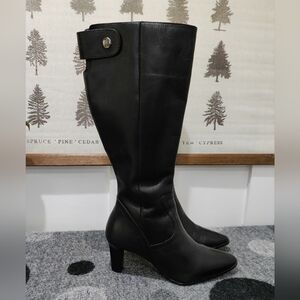 Rockport Black Leather Knee-High Boots | Women’s 6W | Mid Heel Zip Boots